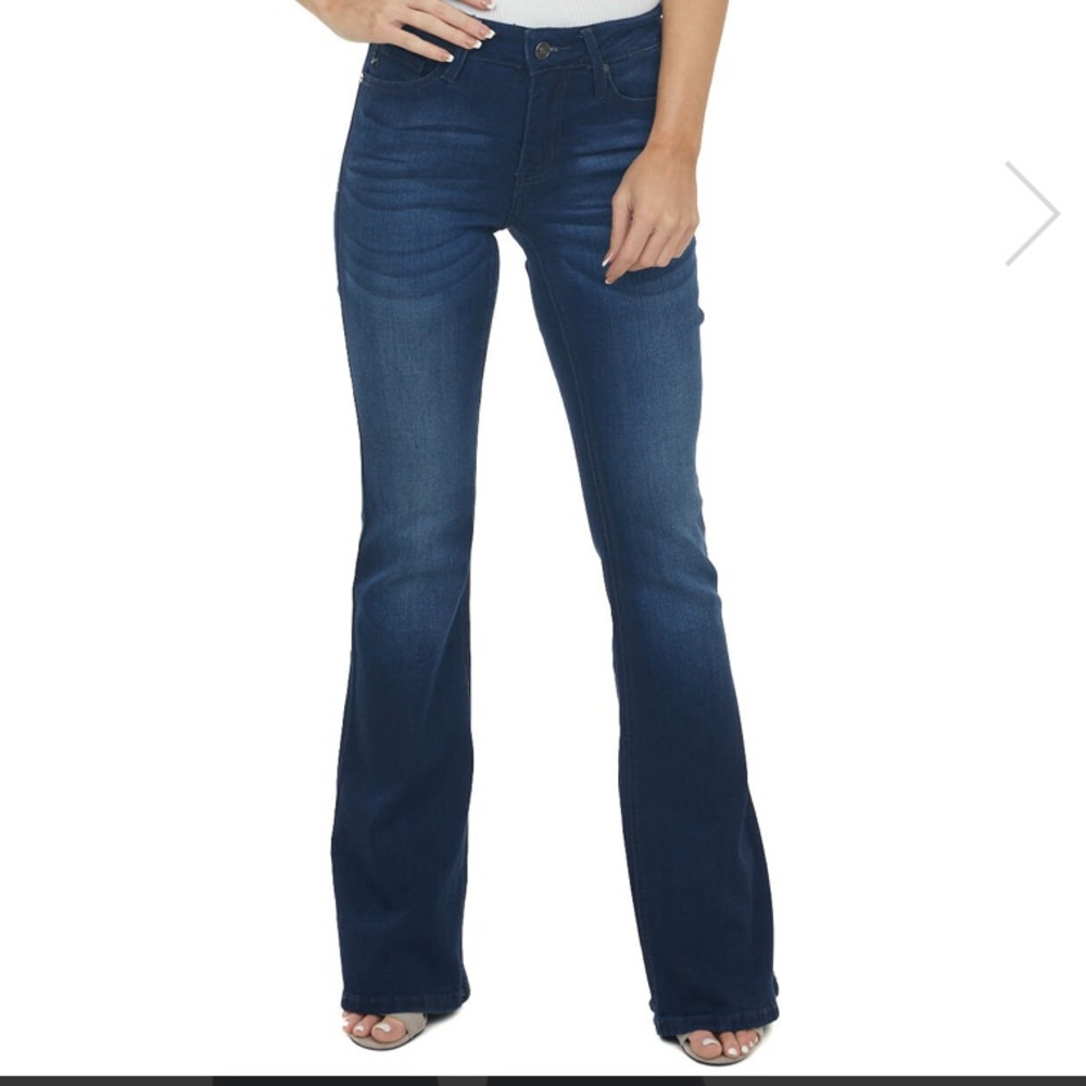 Flattering Kancan High Rise, Stretch, Flare, Dark Wash Jeans